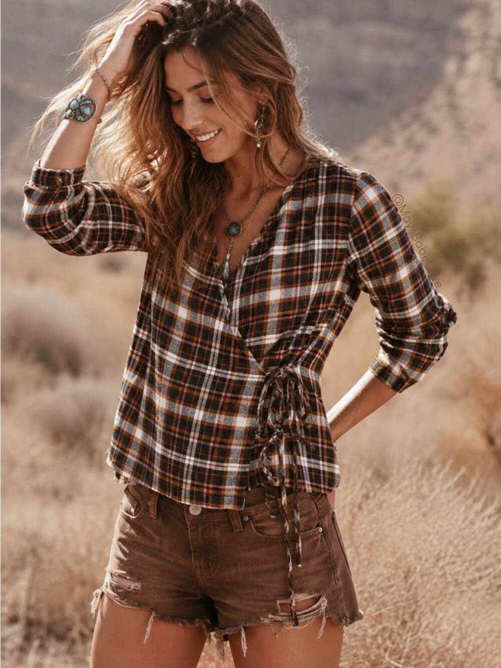Madewell Plaid Flowing Gauze Long Puff Sleeve Double Tie Wrap Top Blouse